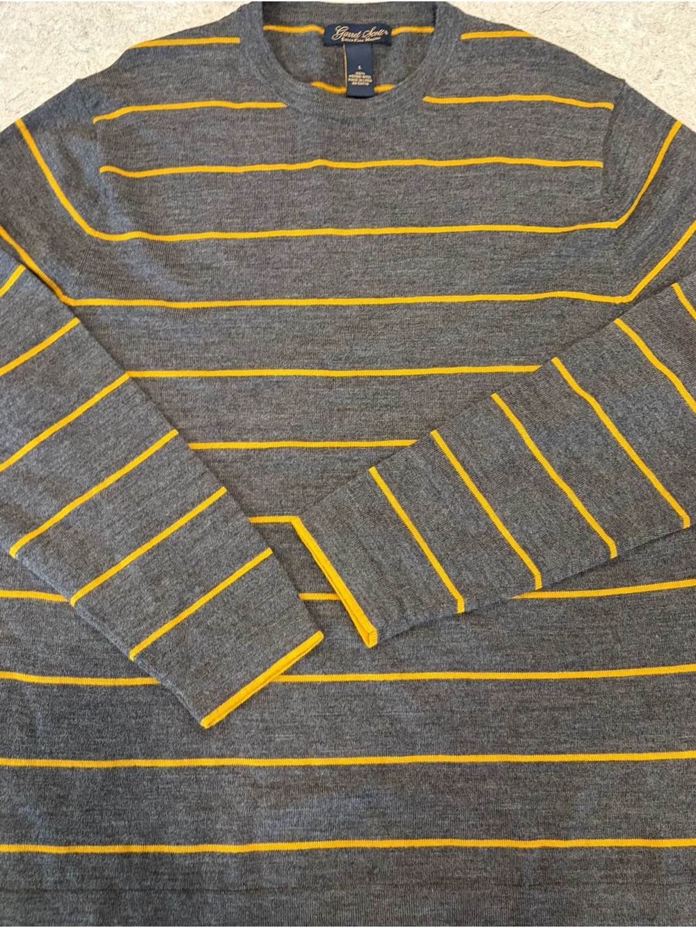 Garrett Scott 100% Merino Wool Grey & Yellow Stripe Crewneck Sweater-Large